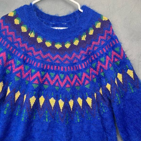 Cultural Fair Isle Print Fluffy Furry Knit Pullover Sweater Soft Shiny T-11 - Picture 2 of 9